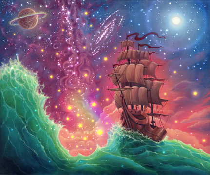 Fantasy oil painting sea landscape art with ship, sunset, space stars, planets, moon, hand drawn seascape illustration with oceanic waves and vessel by oil on canvas, dream with beautiful colors