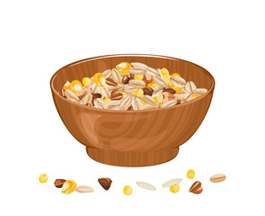 Cereal grains in wooden bowl. Vector illustration of different seeds in cartoon flat style. Organic healthy food.