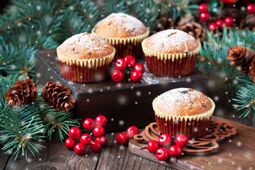 Fresh home baked  muffins with  powder sugar, Christmas treat