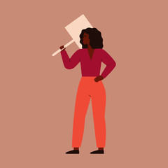 Young woman holds a placard in her hand. Concept of protest and female's empowerment movement. Vector illustration