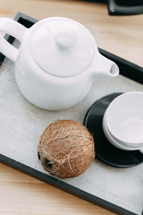 Breakfast, kettle of coffee and tea, tea pairs, oatmeal cookies, tray on the wooden windowsill near the window, service, hotel, restaurant, cafe, delicious, white dishes, good morning