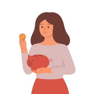 Woman who saves money in piggy bank. Concept of money savings and investment. Vector illustration