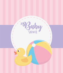 baby shower, rubber duck and plastic ball pink stripes background