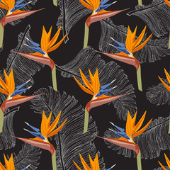 Pattern with Strelitzia flowers banana leaves