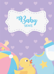 baby shower, duck bottle bodysuit ball pacifier dots purple celebration
