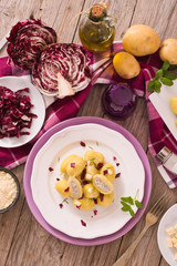 Potato gnocchi stuffed with radicchio and ricotta.