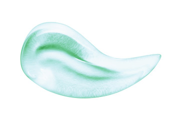 Cosmetic gel texture. Clear green blue skincare cream swatch smear smudge isolated on white background. Cosmetic product sample with bubbles closeup