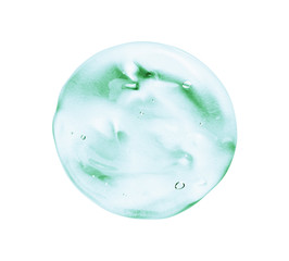 Fototapeta na wymiar Cosmetic gel texture. Transparent blue green skincare cream round swatch blob isolated on white background. Cosmetic product sample with bubbles macro photography