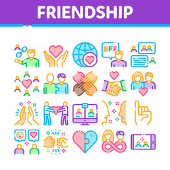 Friendship Relation Collection Icons Set Vector. Handshake And Friendship Gesture, Love And Partnership, Internet Communication Concept Linear Pictograms. Monochrome Color Illustrations