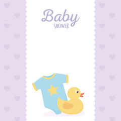 baby shower, bodysuit and rubber duck banner purple background