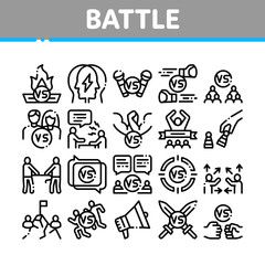 Battle Competition Collection Icons Set Vector. Champion Battle, Box And Run Sport Championship, Chess And Karaoke, Loudspeaker And Sword Concept Linear Pictograms. Monochrome Contour Illustrations