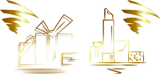 Vector abstract graphics of gold lines and shapes on white background, in the form of cosmetics for postcards, banners, newsletters, discounts, covers, screensavers, discount cards and social networks