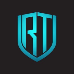 RT Logo monogram with emblem shield design isolated with blue colors on black background