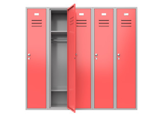 Red metal gym lockers with one open door