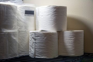 Fototapeta na wymiar Toilet paper rolls on closet shelf