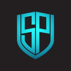 SP Logo monogram with emblem shield design isolated with blue colors on black background