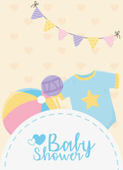 baby shower, blue bodysuit rattle and ball pennants decoration