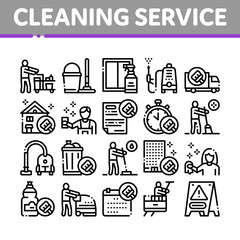 Cleaning Service Tool Collection Icons Set Vector. Liquid For Clean Window And Wash Floor, Vacuum Cleaner And Bucket Cleaning Service Concept Linear Pictograms. Monochrome Contour Illustrations