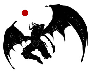 A mighty demon with a two-handed jagged sword tears into battle on its demonic wings, preparing to deliver a mighty blow. View from below. 2d illustration.