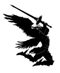 An angel with a two-handed sword breaks into battle preparing to make a mighty blow. He has 4 wings. View in profile. 2d illustration.