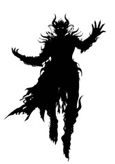 The silhouette of a demon wizard floating majestically in the air, dressed in a ragged robe, decorated with spikes and horns all over his body. 2D illustration