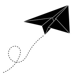 Paper airplane with track. Black outline drawing