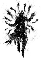 A blotchy textural silhouette of a demon wizard floating majestically in the air, clad in a ragged robe, surrounded by a multitude of levitating magic hands. 2D illustration