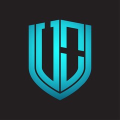 UO Logo monogram with emblem shield design isolated with blue colors on black background