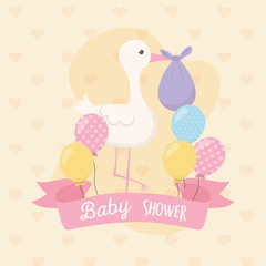 baby shower, stork with purple diaper and balloons decoration