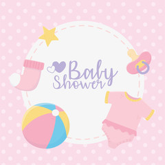 baby shower, pink bodysuit ball sock pacifier stars round label dots background