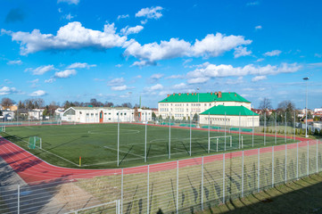 Fototapeta na wymiar Sports field and Secondary School in Pruszcz Gdanski, Poland.