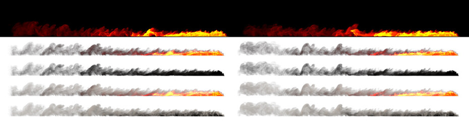 Speed concept - Isolated flames on trace of fast moving object rendered with white and black smoke on different backgrounds, 3D illustration of objects © Dancing Man