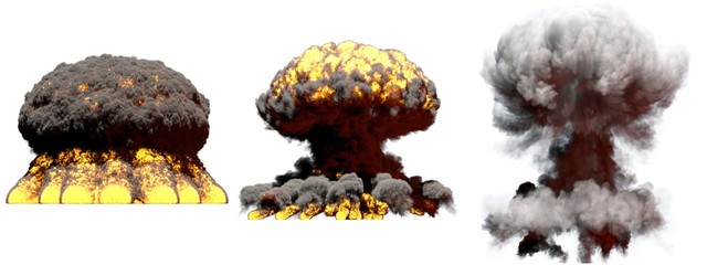 3D illustration of explosion - 3 big different phases fire mushroom cloud explosion of thermonuclear bomb with smoke and flame isolated on white