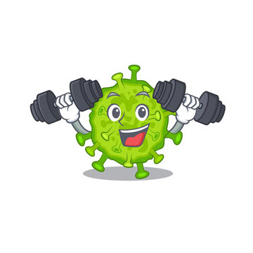 Smiley Fitness exercise virus corona cell cartoon character raising barbells