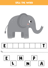 Spell the word. Cute gray cartoon elephant.