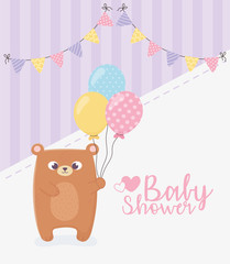 baby shower, teddy bear with balloons pennants striped background