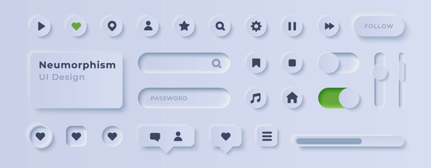 User interface elements for mobile app. UI icons set. Vector. Simple modern design. For mobile, web, social media, business. Neumorphism. Flat style eps10 illustration. White color. - obrazy, fototapety, plakaty