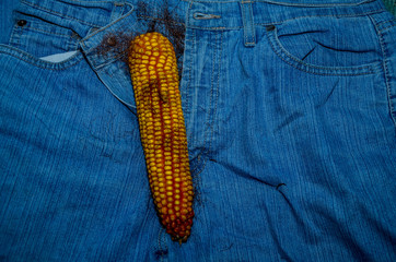 big corn sticks out of mens jeans like mens penis as potency concept