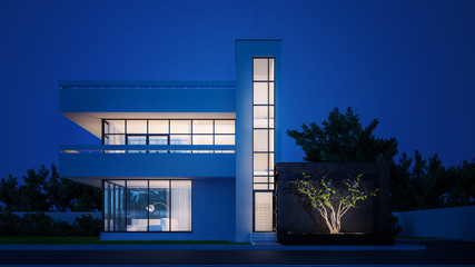 Modern house with white plaster with a balcony and a high staircase, in cold night light with warm light from the Windows against the background of trees and a white fence 3D stock illustration.