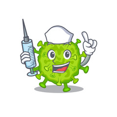 Friendly nurse of virus corona cell mascot design holding syringe