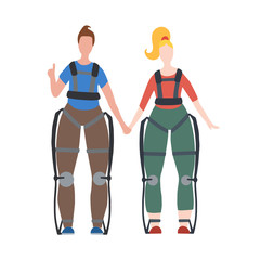 Pair of happy healthy people in exosuits on white background. Innovation in medicine. Exoskeleton for people with disabilities. Vector flat image for articles and your creativity.