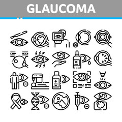 Glaucoma Ophthalmology Collection Icons Set Vector. Glaucoma Disease Symptoms And Treatment Eye Drop And Medical Equipment Concept Linear Pictograms. Monochrome Contour Illustrations