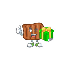 Cheerful roasted beef cartoon character holding a gift box