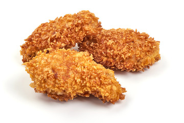 Fried Chicken strips in breadcrumbs, isolated on white background