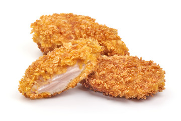 Fried Chicken strips in breadcrumbs, isolated on white background