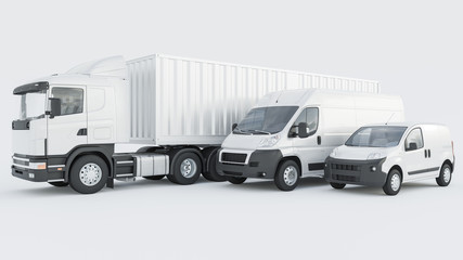 Naklejka premium Semi Container Truck Lined Up with White Delivery Vans on White Background 3D Rendering