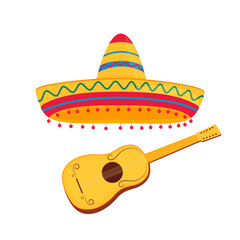 Spanish guitar and mexican sombrero vector illustration isolated on white background - obrazy, fototapety, plakaty