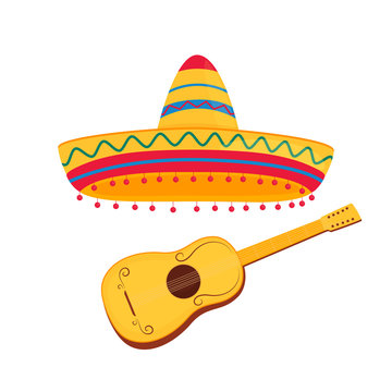 Spanish guitar and mexican sombrero vector illustration isolated on white background