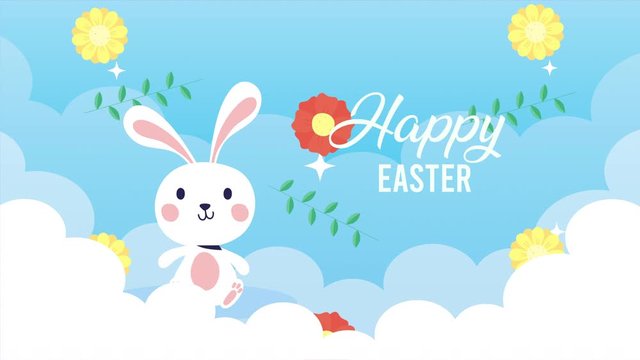 happy easter animated card with rabbit in the clouds