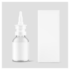 Bottle for nasal drops with cardboard packaging box mockup. Vector illustration on grey background. Ready for your design. EPS10. 